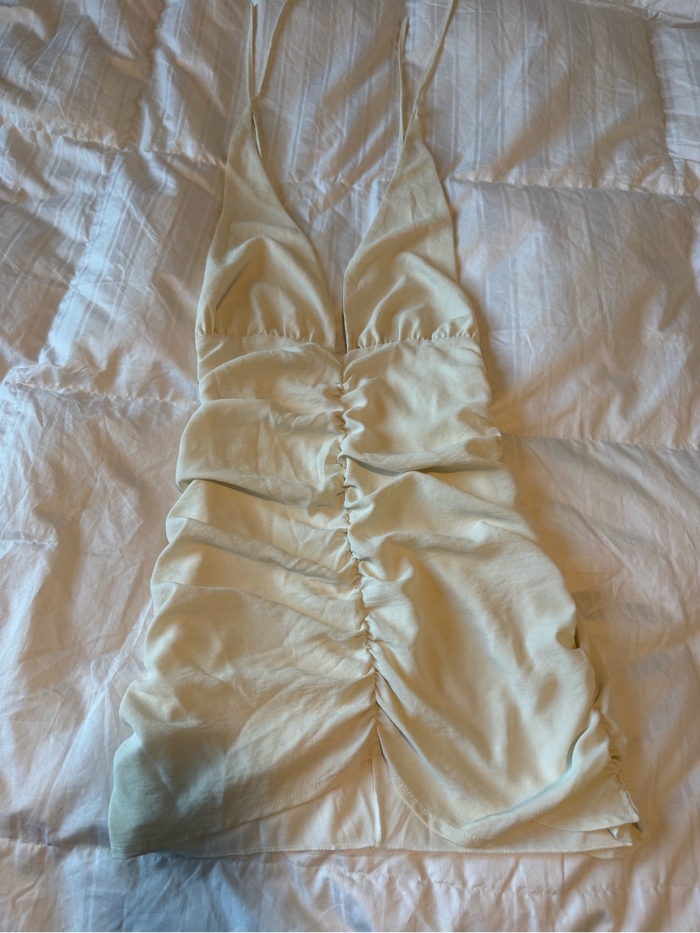 Ruched Cream Slip Dress with V-Neck